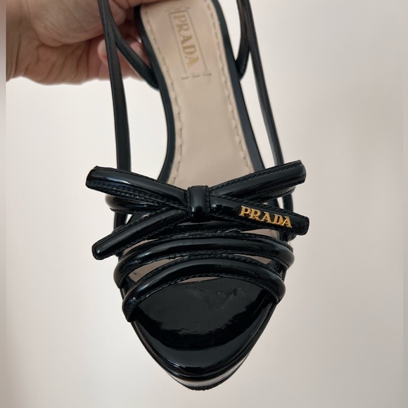 Prada Black Patent Leather Bow Tie Peep-toe Platform Heels - Picture 5 of 9